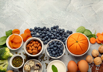 Food for eyes health. Foods that contain vitamins, nutrients, minerals and antioxidants.