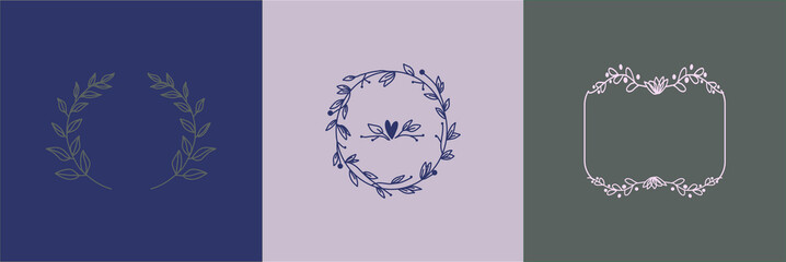 various hand drawn geometric floral and laurel frame set
