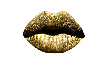 Sexy lips. Closeup sexy beautiful female golden lips isolated. Gold lipstick.