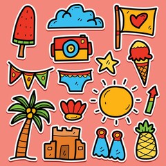 summer cartoon kawaii sticker doodle for logos, patches, icons, wallpapers, symbols and more
