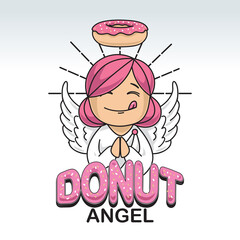 donut logo with cute donut angel illustration in white, pink and brown. vector