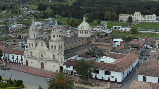 Bocay&aacute; Drone view of small town Rosa De Viterbo in Colombia. Drone orbit around traditional colombian church.