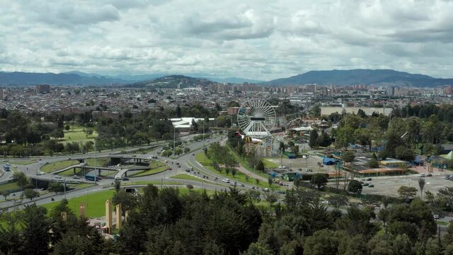 Engativa district in Bogot&aacute; Colombia. Aerial drone view from Parque Metropolitano Sim&oacute;n Bol&iacute;var. 4K video. 