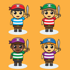 Vector illustration of Cute little male Pirate with bandana and sword. Adorable kids pirate set. Smiling little Boys dressed as Pirate.