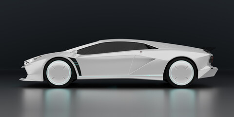 Non-existent brand-less generic concept white sport electric car on black background. Automobile futuristic technology concept . 3D illustration rendering