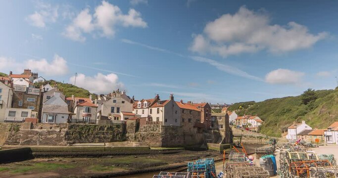 North York Moors, Heritage Coast, Staithes Time Lapse Across Harbour, Beach Headland Clip 1