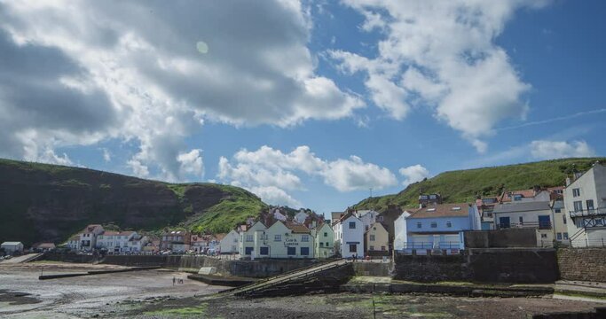 North York Moors, Heritage Coast, Staithes Time Lapse Across Harbour, Beach Headland Cod Lobster Clip 5