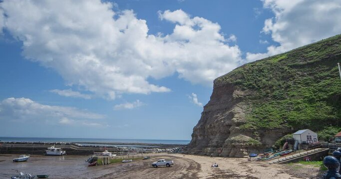 North York Moors, Heritage Coast, Staites Time Lapse Across Harbour, Beach Headland Clip 2
