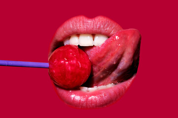 Orgasm concept. Close up lips with lollipop isolated, sexy blowjob, sensual mouth with lipstick...