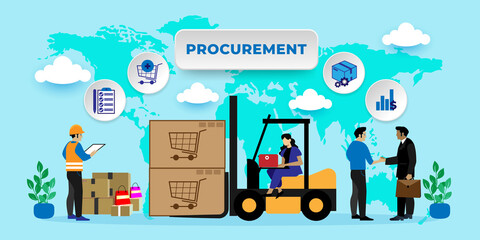 Procurement Process of Purchasing Goods, Procurement Management Industry concept With icons. Cartoon Vector People Illustration