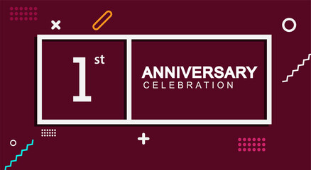 1st years anniversary celebration white square style isolated on dark purple with colorful memphis pattern background, design for anniversary celebration.