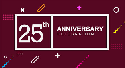 25th years anniversary celebration white square style isolated on dark purple with colorful memphis pattern background, design for anniversary celebration.
