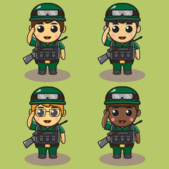 Boy Soldier Character Saluting. Adorable kids soldier set. Smiling little Boy dressed as Soldier vector illustrations.