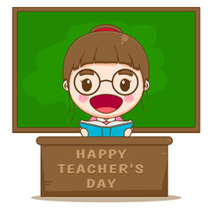 Cute teacher sitting in classroom in front of chalkboard cartoon illustration