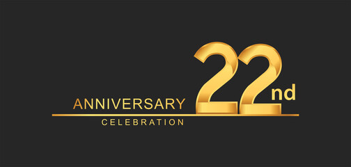 22nd years anniversary celebration with elegant golden color isolated on black background, design for anniversary celebration.