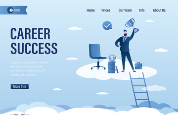 Career success, landing page template. Businessman standing on cloud with winner cup and money. Talent male employee to climbed up to ladder of success.
