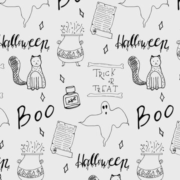 Seamless pattern for Halloween. Contour pattern. Illustration of a cat, a witch's cauldron, a ghost, inscriptions, leter, jars. Design for fabric, print, wallpaper, packaging, design for holidays.