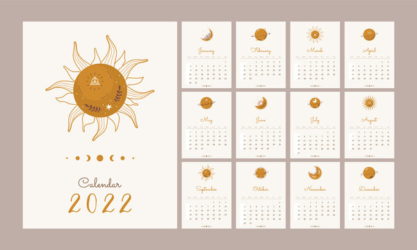 Calendar 2022 With Boho Celestial Elements. Abstract Aesthetic Vector Illustration. Template In Scandinavian Style.