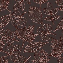 Dark vector seamless pattern with light coloured contour leaves on dark background. Double lines. Vector.