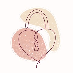 Single line drawing of heart shaped padlock with textured color spots. Vector hand drawn line art style. Textured background