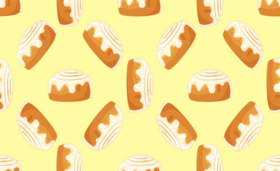 Seamless pattern. Bun with cinnamon. Freshly baked sweet cake. Baked pastry item. Flat vector illustration background.
