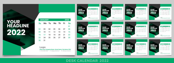 Calendar 2022, 2023 year template vector and a mockup desk calendar, Set Desk Calendar 2022 vector creative design, Multipole color design, Set of 12 Months, Week start Sunday, Stationery.