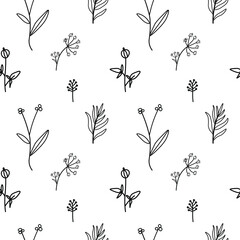 Vector seamless pattern with flowers on white isolated hand drawn background.Botanical,Spring,Summer doodle style black line print.Designs for textiles,fabic,wrapping paper,packaging,web,invitations.