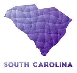 Map of South Carolina. Low poly illustration of the us state. Purple geometric design. Polygonal vector illustration.