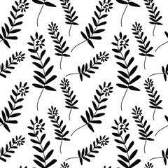 Vector seamless pattern with flowers on white isolated hand drawn background.Botanical,Spring,Summer doodle style black line print.Designs for textiles,fabic,wrapping paper,packaging,web,invitations.