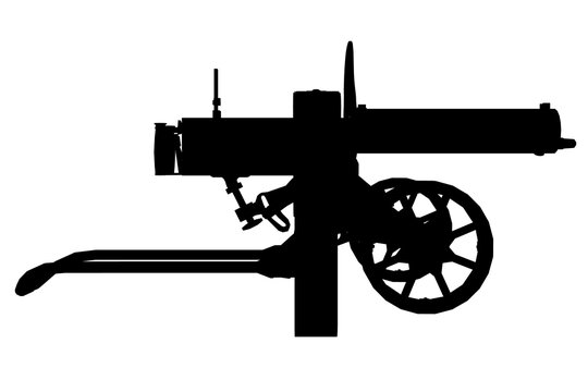 recommend clip art: Silhouette of an ancient Maxim machine gun isolated on a white background. Side view. Vector illustration