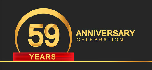 59th years anniversary celebration with elegant golden color and ring, red ribbon for anniversary celebration