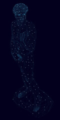 Wireframe of a statue of David from blue lines with glowing lights isolated on a dark background. 3D. Vector illustration