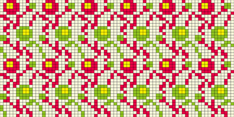 Pixel art. Organic motif, botanical motif background. Seamless pattern.Vector.ピクセルアートのスタイリッシュな有機的パターン