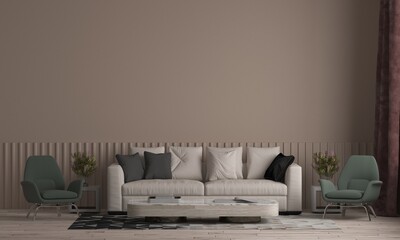 Home and decor and minimal living room interior with white sofa and side table and empty brown wall pattern wall background,3d rendering
