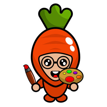 cartoon vector cute carrot mascot character holding painting tool and drawing brush