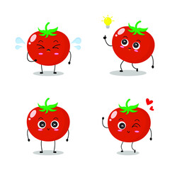Vector illustration of red tomato character with various cute expression, cool, fun, set of tomato isolated on white background, simple minimal style, fresh fruit for mascot collection, emoticon