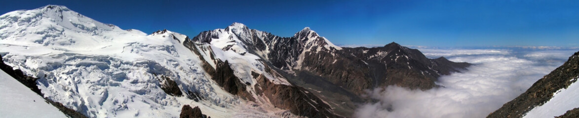 Caucasus, Ossetia. Genaldon gorge. Peaks Miley, Jimarai and Shau.
