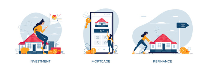 Property banners set. House-buying, mortgage refinancing, real estate investment. Invest in house, property purchase, loan refinance concepts collection for web design.Modern flat vector illustration - 445314812