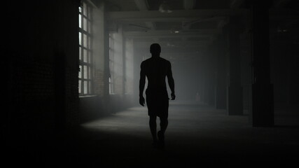 Fototapeta na wymiar Man silhouette walking in dark corridor. Athlete taking break after workout