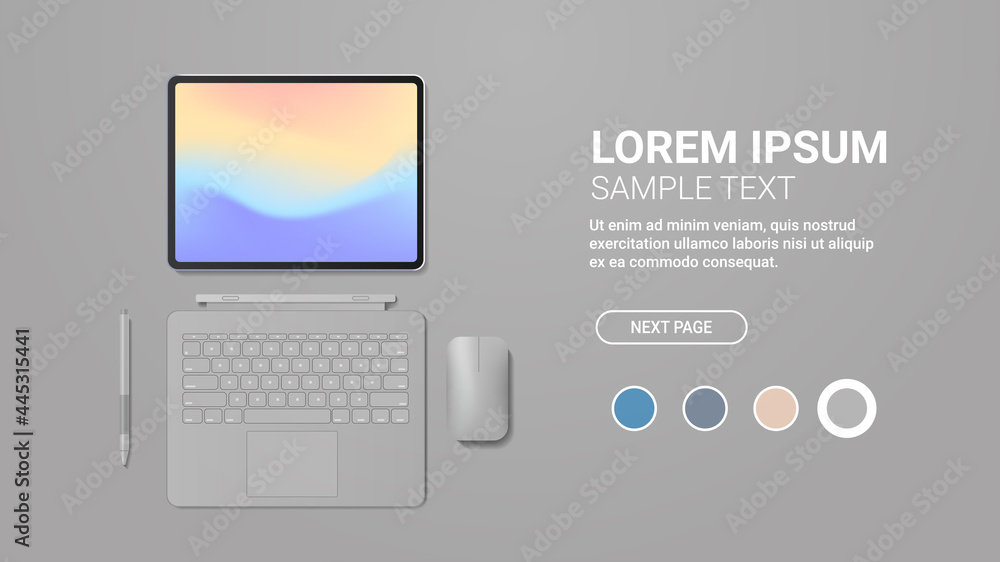 Poster modern tablet computer with keyboard mouse pen and colored screen realistic mockup gadgets and devic