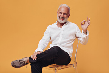 Handsome man smiling and showing sign ok. Gray-haired adult with beard in white shirt poses into...