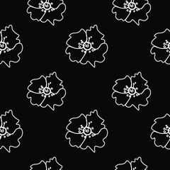 Vector seamless pattern with flowers on black isolated hand drawn background.Botanical,Spring,Summer doodle style white line print.Designs for textiles,fabic,wrapping paper,packaging,web,invitations.