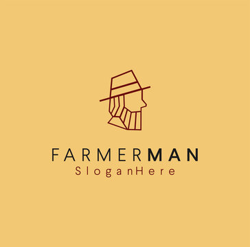 Farming agricultural badge logo line style symbol for harvest, farmer, food and natural product. bearded man illustration wearing hat