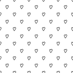 Black and white vector seamless pattern background with doodle, hand drawn small hearts.
