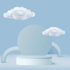 Abstract background with blue color geometric 3d podiums and clouds. Vector illustration