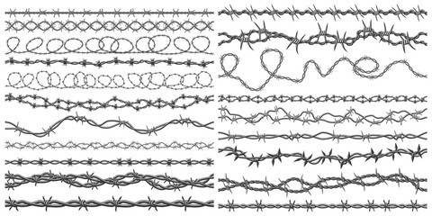 Razor wire silhouettes. Barbed wire metallic border elements, sharply barb wire fencing vector symbols set. Prison barbed wire - obrazy, fototapety, plakaty