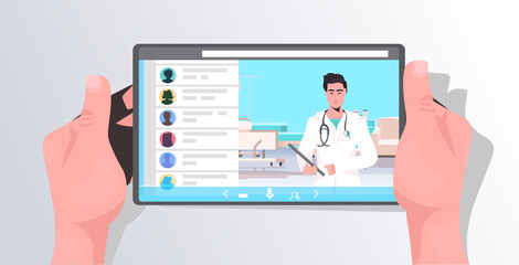 patient discussing with male doctor in tablet screen online consultation healthcare medicine medical advice