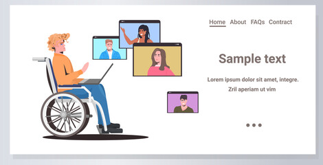 disabled woman wheelchair chatting with friends in web browser windows during video call online meeting