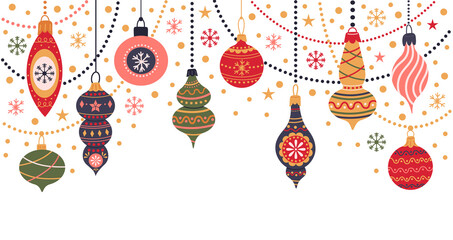 Christmas holidays decorations. Winter holidays fir tree toys garlands and decorations vector illustration. Cute Christmas symbols garlands