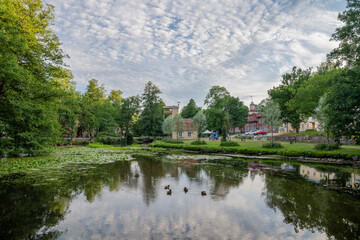 Fototapeta na wymiar View of the Fiskars village and river in summer evening, Finland